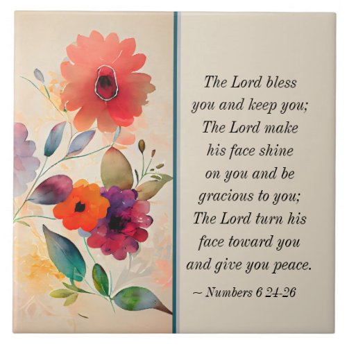 Numbers 6 24_26 Lord Bless You Floral Watercolor Ceramic Tile