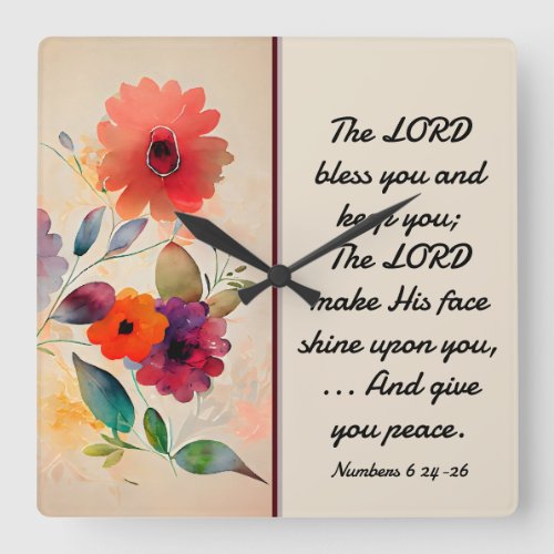 Numbers 6 24_26 Lord Bless You Floral Watercolor Square Wall Clock