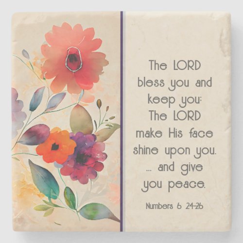 Numbers 6 24_26 Lord Bless You Floral Watercolor Stone Coaster