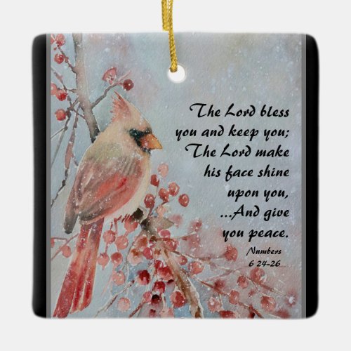 Numbers 6 24_26 Lord Bless You Red Bird  Berries Ceramic Ornament