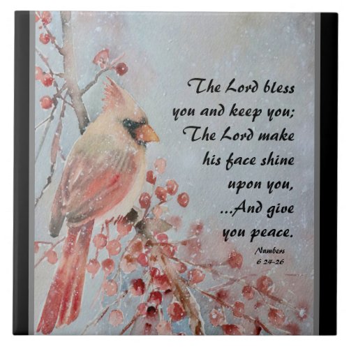 Numbers 6 24_26 Lord Bless You Red Bird  Berries Ceramic Tile