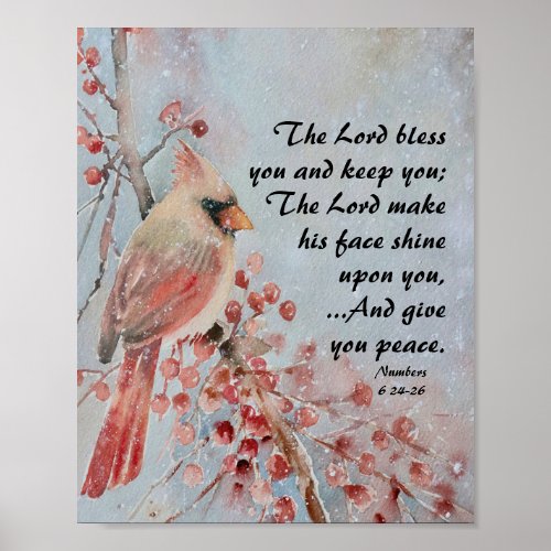 Numbers 6 24_26 Lord Bless You Red Bird  Berries Poster