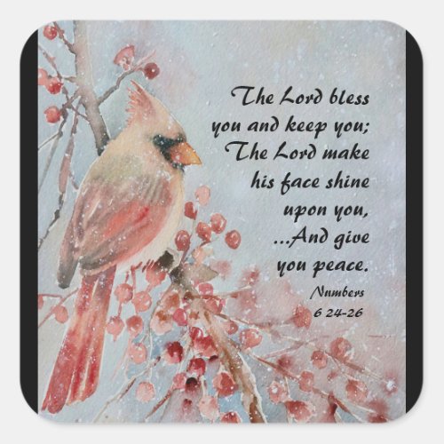 Numbers 6 24_26 Lord Bless You Red Bird  Berries Square Sticker