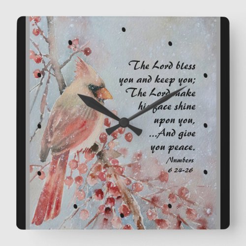 Numbers 6 24_26 Lord Bless You Red Bird  Berries Square Wall Clock