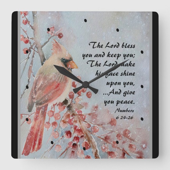 Numbers 6 24-26 Lord Bless You Red Bird & Berries Square Wall Clock (Front)