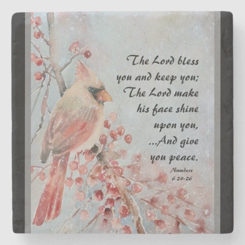 Numbers  6 24_26 Lord Bless You Red Bird Berries Stone Coaster