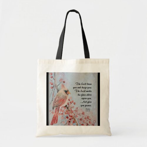 Numbers 6 24_26 Lord Bless You Red Bird  Berries Tote Bag