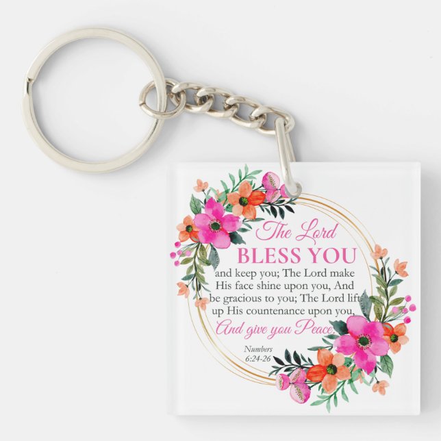 Numbers 6:24-26 Pink Floral Wreath Christian Keychain (Front)