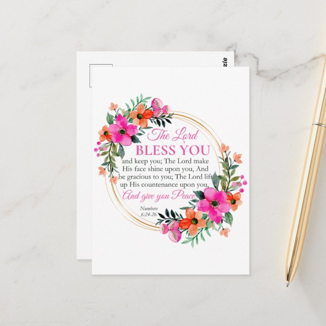 Numbers 6:24-26 Pink Floral Wreath Christian Postcard (Front/Back In Situ)
