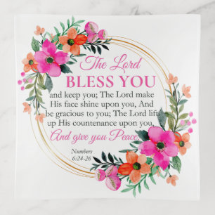 Numbers 6:24-26 Pink Floral Wreath Christian Trinket Tray