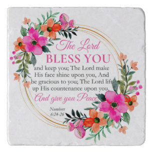 Numbers 6:24-26 Pink Floral Wreath Christian Trivet