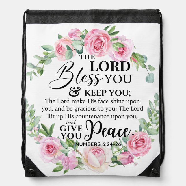 Numbers 6:24-26 The Lord Bless you Bible Rose Drawstring Bag (Front)