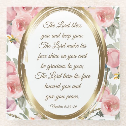 Numbers 624_26 The Lord Bless You Pink Floral Glass Coaster