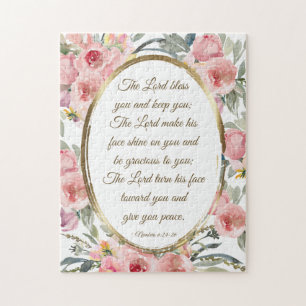 Numbers 6:24-26 The Lord Bless You Pink Floral Jigsaw Puzzle