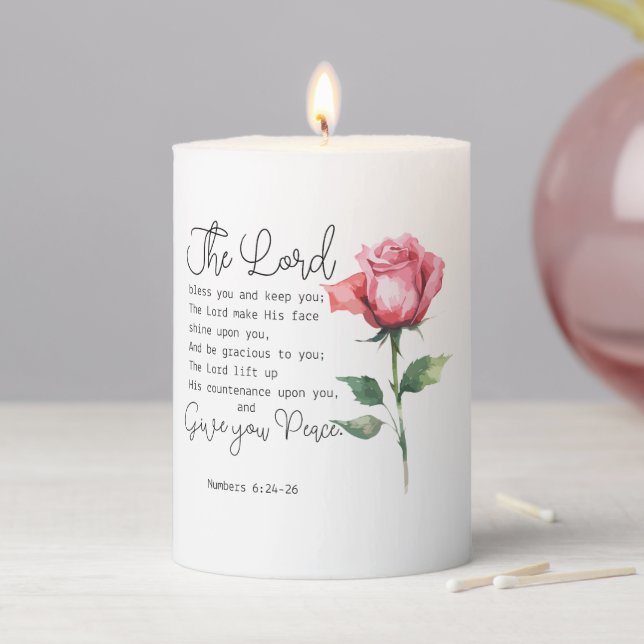 Numbers 6:24-26 The Lord Bless you Rose Flower Pillar Candle (In Situ)