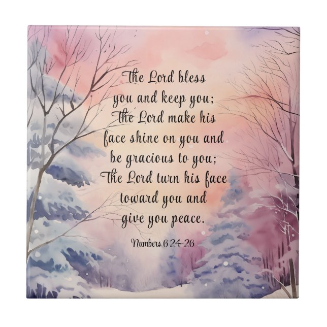 Numbers 6 Lord Bless You Bible Verse Winter Pine Ceramic Tile (Front)