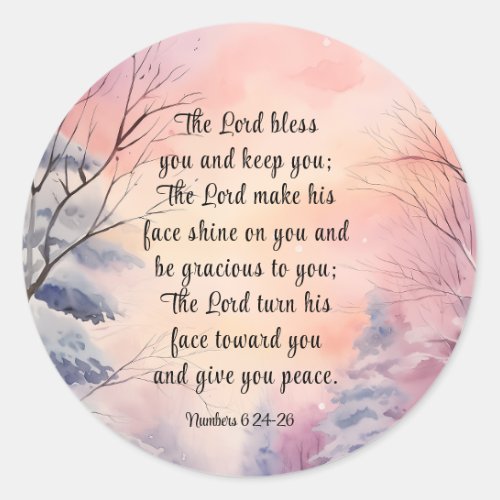 Numbers 6 Lord Bless You Bible Verse Winter Scene Classic Round Sticker