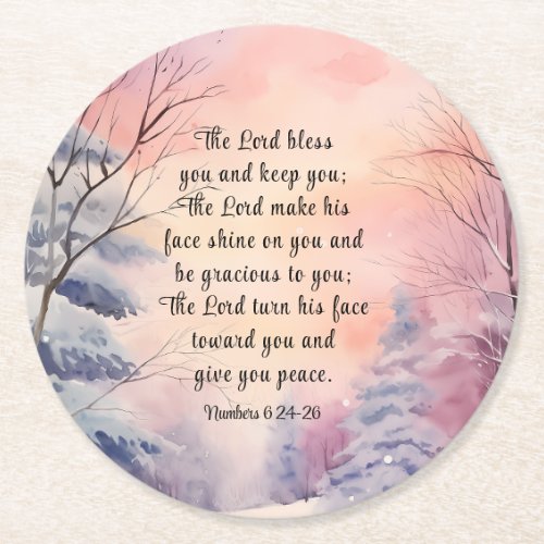 Numbers 6 Lord Bless You Bible Verse Winter Scene Round Paper Coaster