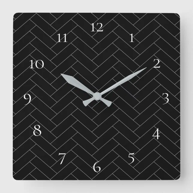 Numbers Black Gray Herringbone Pattern Square Wall Clock | Zazzle