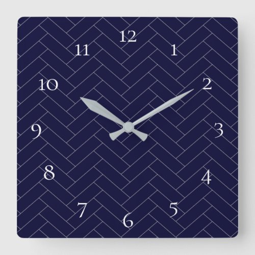 Numbers Dark Blue Gray Herringbone Pattern Square Wall Clock