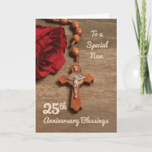 Nun 25th Anniversary Red Rose and Rosary Card