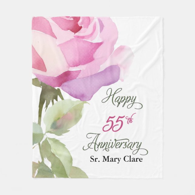 Nun 55th Anniversary Jubilee Custom Name Pink Rose Fleece Blanket (Front)