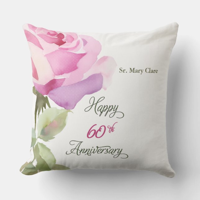 Nun 60th Anniversary Jubilee Custom Name Pink Rose Throw Pillow (Front)