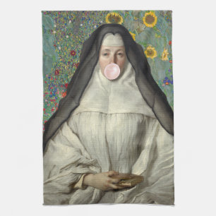 Nun Blowing a Pink Bubble gum Kitchen Towel