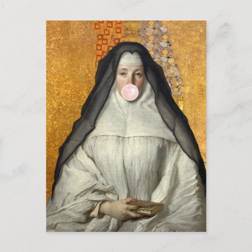 Nun Blowing a Pink Bubble gum  Postcard