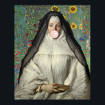 Nun Blowing a Pink Bubble gum Poster<br><div class="desc">Pop art of a vintage painting re-mixed with a nun blowing a pink bubble gum.  Nun blowing a pink bubble gum.</div>