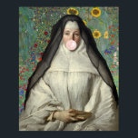 Nun Blowing a Pink Bubble gum Poster<br><div class="desc">Pop art of a vintage painting re-mixed with a nun blowing a pink bubble gum.  Nun blowing a pink bubble gum.</div>