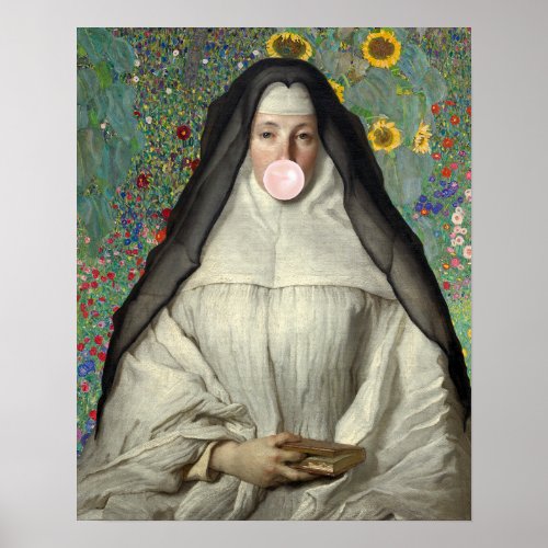 Nun Blowing a Pink Bubble gum Poster