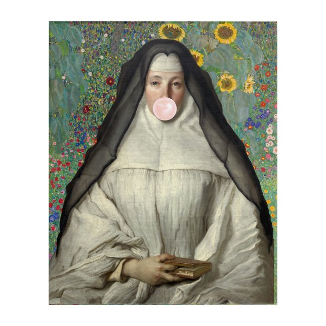Nun Blowing a Pink Bubble gum Poster Acrylic Print (Front)