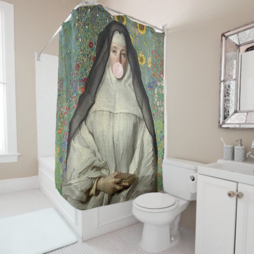 Nun Blowing a Pink Bubble gum Poster Shower Curtain