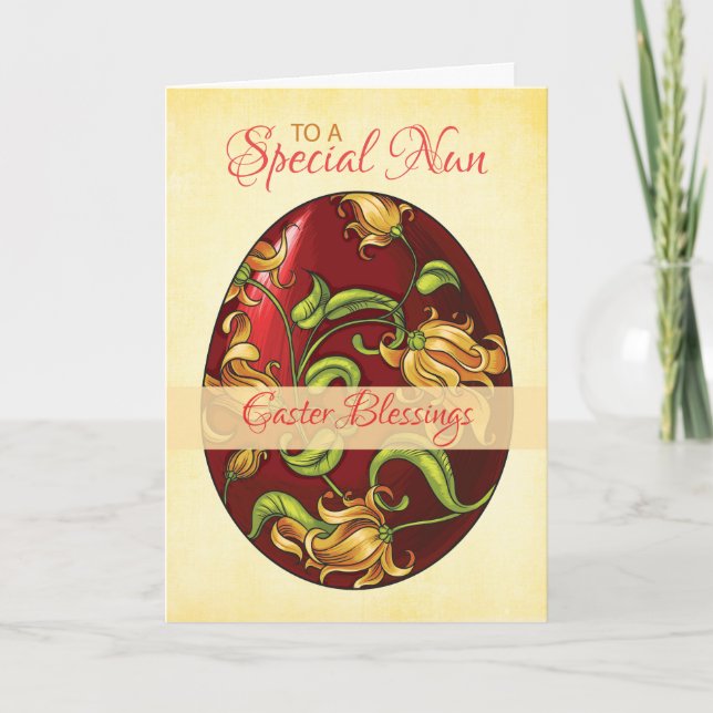 Nun Easter Blessings, Egg with Lilies Holiday Card (Front)