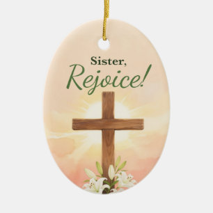 Nun Easter Rejoice Cross and Lilies Ceramic Ornament
