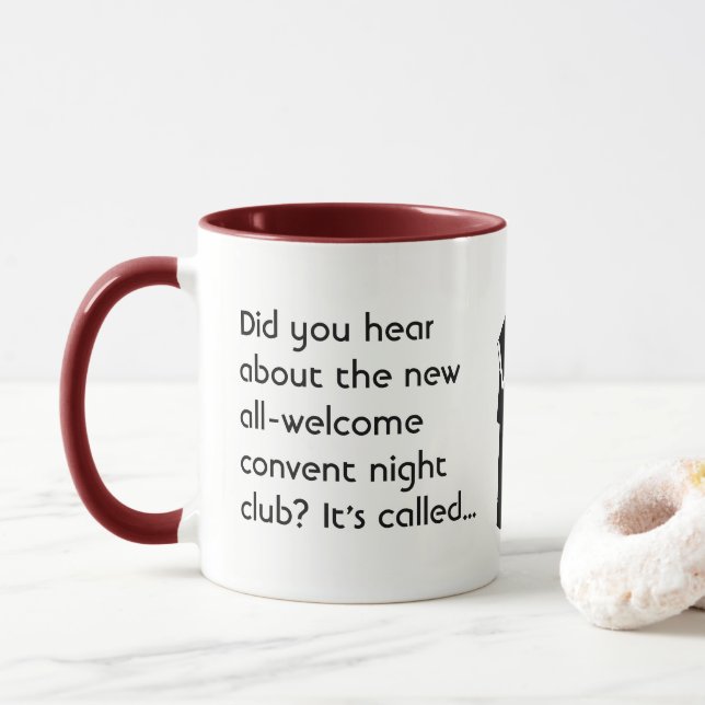 Nun Fun - clean humor, Catholic Bar Joke Mug (With Donut)