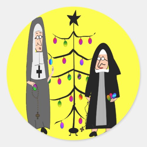 Nun Gifts Decorating The Christmas Tree Classic Round Sticker