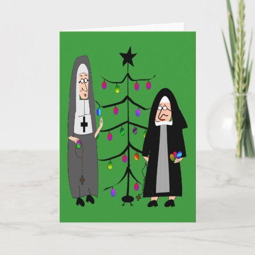 Nun Gifts Decorating The Christmas Tree Holiday Card