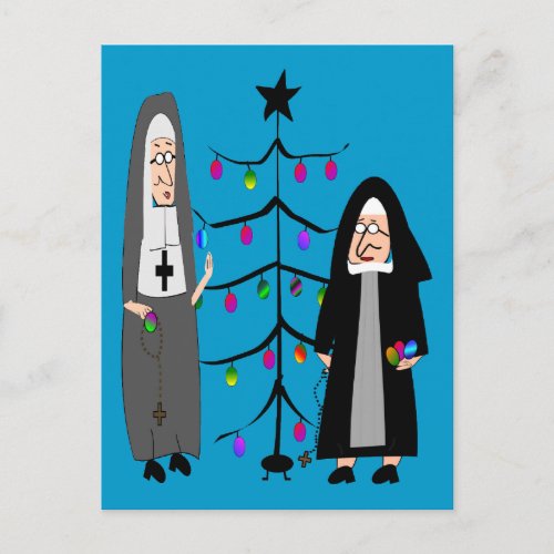 Nun Gifts Decorating The Christmas Tree Holiday Postcard