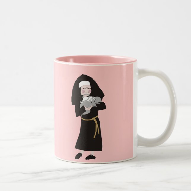 Nun Holding Grey Cat Gifts Two-Tone Coffee Mug (Right)