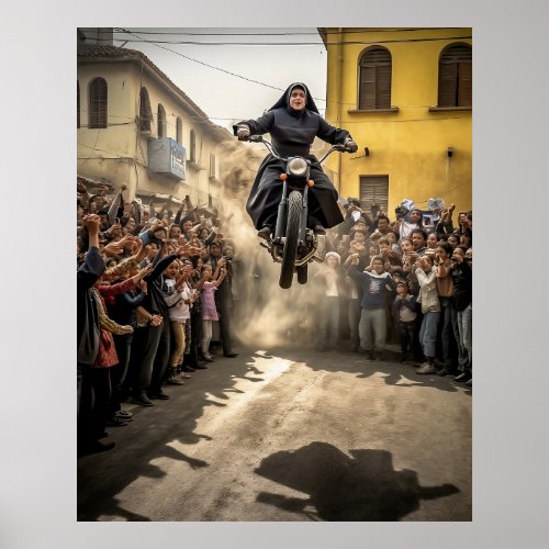 Nun Jumping Motorcycle Poster