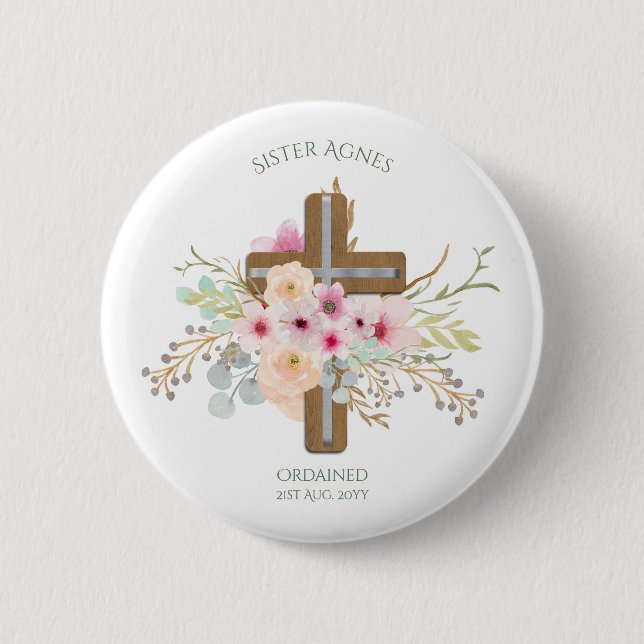NUN - Ordination or Anniversary - Floral Cross Button (Front)