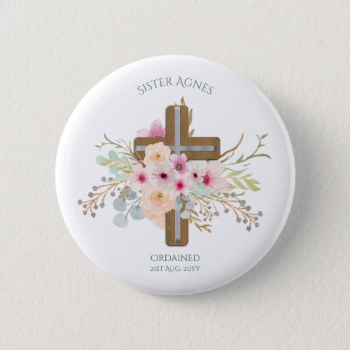 NUN _ Ordination or Anniversary _ Floral Cross Button