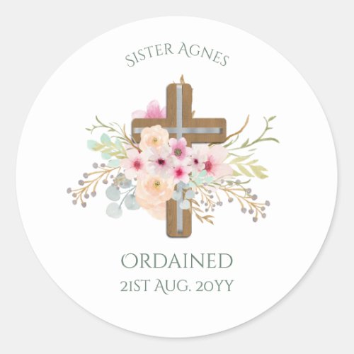 NUN _ Ordination or Anniversary _ Floral Cross Classic Round Sticker