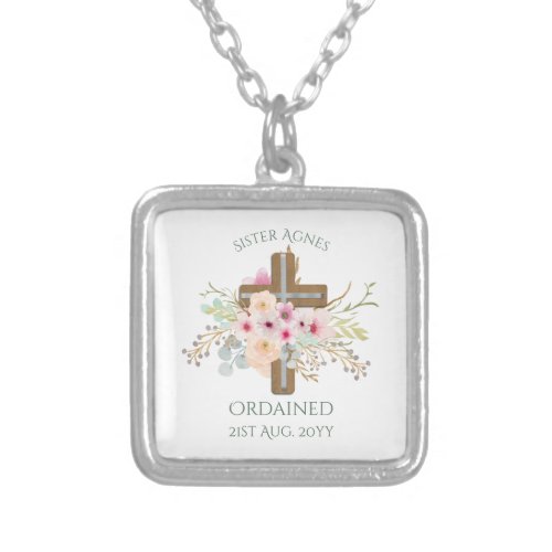 NUN _ Ordination or Anniversary _ Floral Cross Silver Plated Necklace