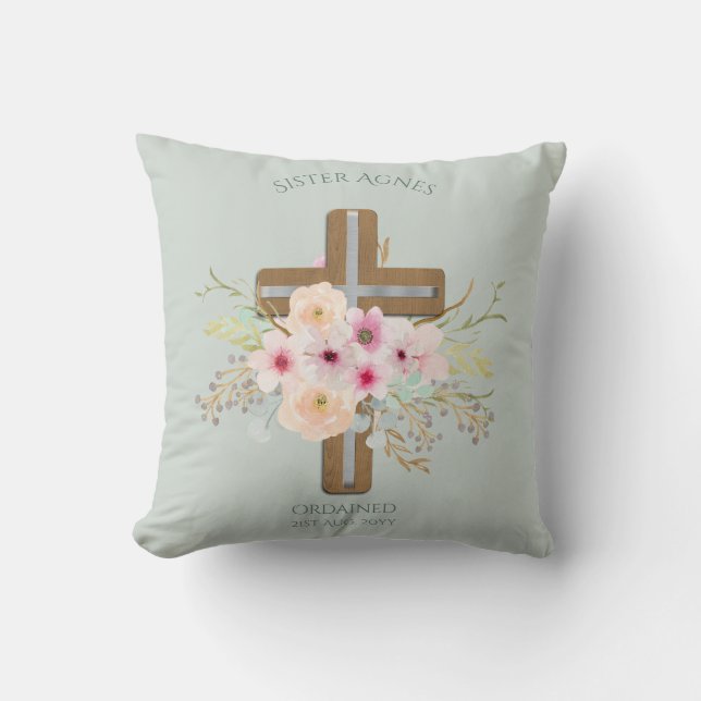 NUN - Ordination or Anniversary - Floral Cross Throw Pillow (Front)