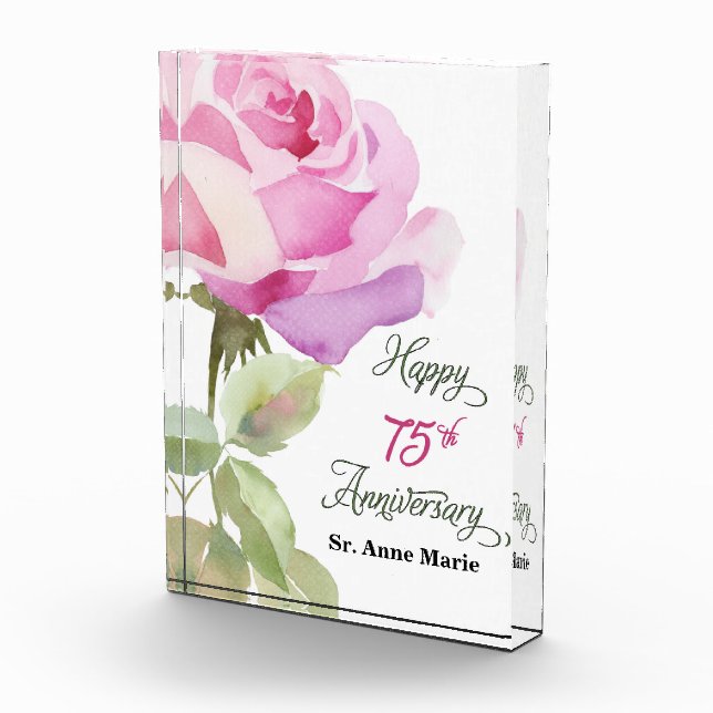 Nun Personalize 75th Anniversary Pink Rose Acrylic Award (Right)
