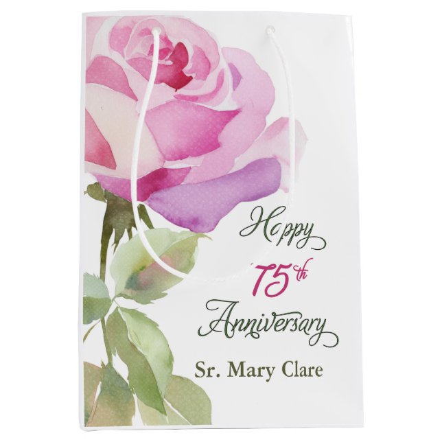 Nun Personalize 75th Anniversary Pink Rose Medium Gift Bag (Front)