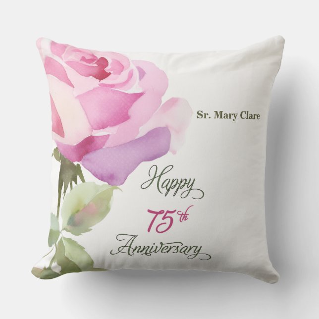 Nun Personalize 75th Anniversary Pink Rose Throw Pillow (Front)